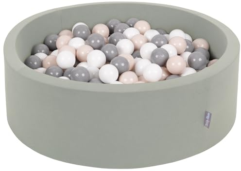 KiddyMoon Rund Bällebad Bällepool 90X30cm/200 Bälle ∅ 7Cm Ballgruben Für Babys Spielbad Kleinkinder, Salbeifarben:Pastellbeige/Grau/Weiß