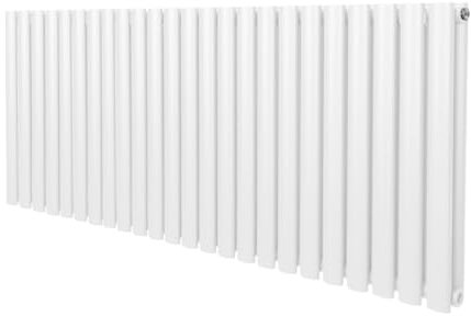 Oval Column Radiator 600mm x 1440mm Modern Designer Double Panel Central Heating Heater Gloss White Carbon Steel Horizontal Kitchen Living Room Bathroom Free Cleaning Brush Fixing Kit & Brackets