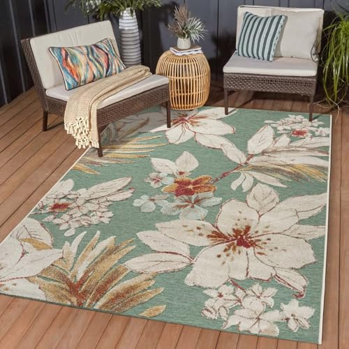In & Outdoor Teppich Wetterfest Wohnzimmer Balkon Küchenteppich Terrassenteppich Flachgewebe mit Muster Lilien floral grün 240x340 cm