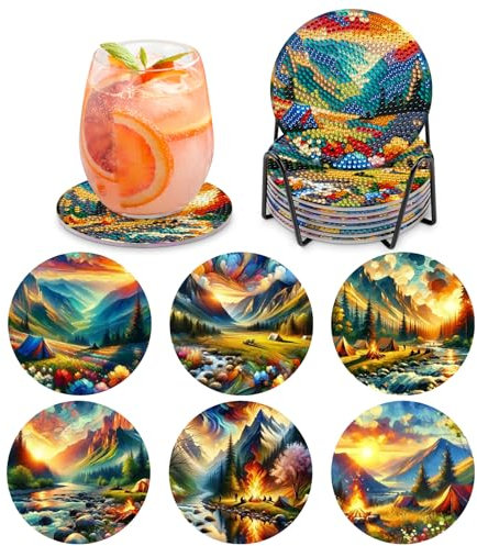 MOGTAA Peinture Diamant Dessous de Verre, 6PCS Kit Diamond Painting Paysage, DIY sous-Verres Art de Diamant avec Support, Kits de Peinture Diamant pour Adulte Enfants