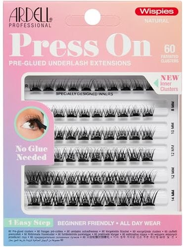 Ardell Press On Pre-Glued Underlash Eyelash Extensions, Wispies Natural Cluster Lashes Kit, Beginner-Friendly DIY Lash Extension Kit with Applicator, Assorted Lengths, 60 Lash Clusters