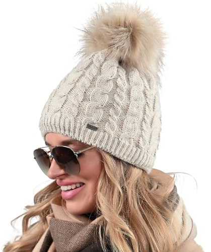 Alur Mütze Damen Beanie Wintermütze Strickmütze mit Bommel - Warme Elastisch Elegant Winter Mütze EKO Bommelmütze - Weiches Garn Stilvoll Universell Warm (Beige)
