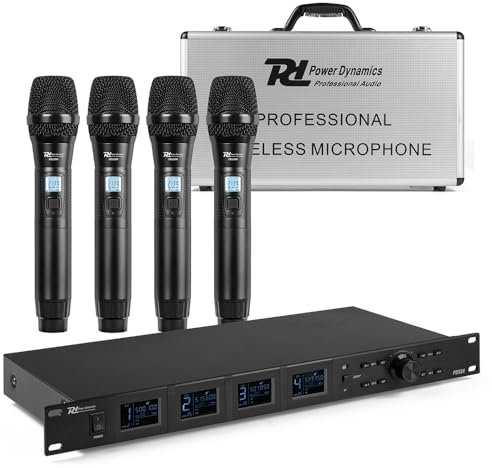 Power Dynamics PD PD524 UHF Wireless Microphone System with 4 Handheld Mics, 100 Channels, USB Charging, LCD Display, XLR Outputs, Wireless Handheld Mic Set for Events, Performances