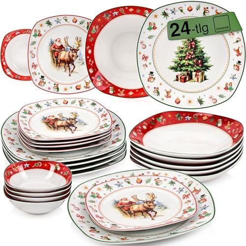 SÄNGER | Tafelservice Bilgola Christmas Design Weiß mit Weihnachtsmotiven, 24-tlg Geschirrset für 6 Personen mit Müslischalen, Suppen-, Dessert- & Speisetellern aus Porzellan | PREMIUM COLLECTION
