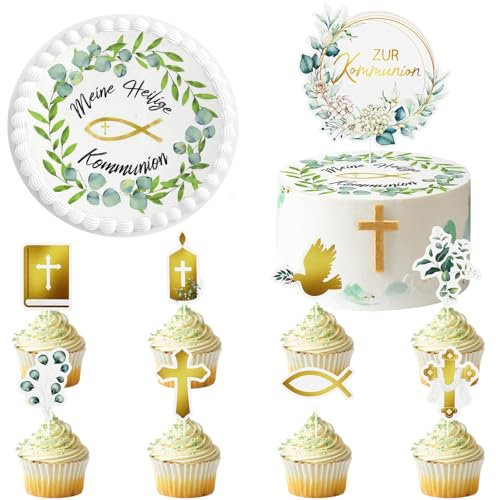 Tortenaufleger Kommunion 10 Stück - Tortendeko Essbar mit Cake Topper Papier für Taufe, Konfirmation, Erstkommunion für Mädchen und Junge