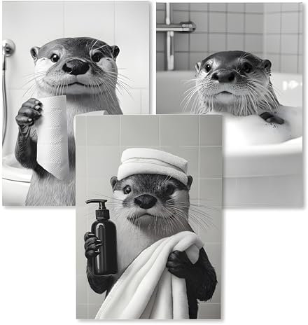 XELLENZ - Badezimmer Deko Bild, 3x DIN A4 Poster ohne Rahmen – Lustige Wanddeko Badezimmer | Minimalistische Baddeko, Hochwertiger Druck, schwarzweiß Bilder WC Toilette (Otter | 21x30 cm | 3er Set)