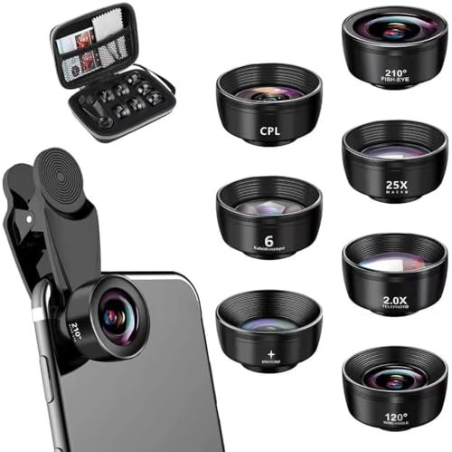 Textiluxe 7 in 1 Handy Objektiv Kit,Fischaugenobjektiv 210° Weitwinkel 120° Makroobjektiv (25x) Sternfilter Telephoto, Kaleidoscope,CPL/Star Filter für iPhone und die meisten Smartphones