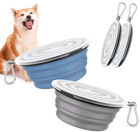 Pawaboo Collapsible Dog Bowls 2 Pack, Silicone Feeding Watering Bowls with Lids & Carabiners for Dogs Cats, Portable Water Feeder Food Bowl for Walking Traveling Home Use, Blue + Grey
