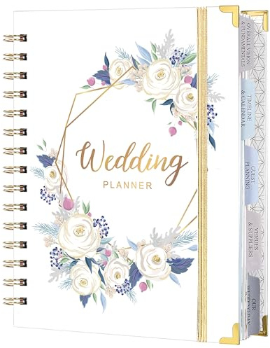 Wedding Planner & Organizer Book for Brides - 5 Tabbed Sections, A5 Size(6.5x8.5), Hardcover, 5 Inner Pockets, Stickers, Note Pages - Elegant Purple & White Cover with Metal Corners