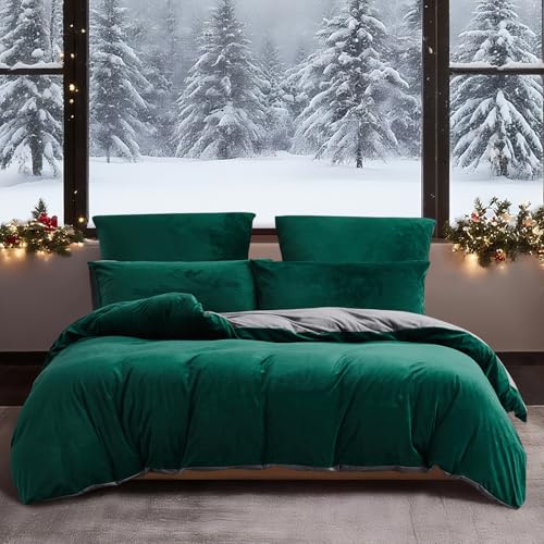 YASMENG Winter Bettwäsche 135x200 Dunkelgrün Grau Warm Kuschelig Flauschige Bettwäsche Winter Weich Samt Plüsch Fleece Flanell Wendebettwäsche 2 Teilig mit Reißverschluss und 80x80 cm Kissenbezug