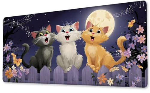 Mousepad Großes Gaming Mauspad XXL Katzen Mond 900x1800x3 mm Schreibtischunterlage rutschfeste Gummibasis Wasserdicht und Langlebig Tastatur Unterlage für Büro,Zuhause Extra Vernähten Kanten zj-264