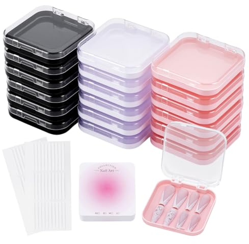 PH PandaHall 24pcs 3 couleurs Boîtes de Rangement pour Ongles, Rangement Ongle with 60 Rubans Adhésifs Double Face 32pcs Cartes d'affichage pour Faux Ongles Tips et Nail Art Manucure, 78x75mm
