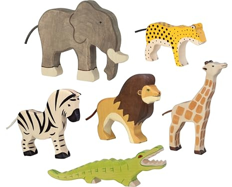 Holztiger 6614 Set Wildnis - 6 Spielfiguren aus Holz, Krokodil, Elefant, Giraffe, Leopard, Zebra und Löwe, handbemalte Spielzeugtiere für Kinder, Made in Europe