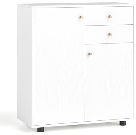 COSTWAY Storage Cabinet, 2 Door Buffet Sideboard with 2 Drawers, 3 Adjustable Shelves & Anti-tipping Device, Freestanding Kitchen Cupboard Organiser Unit for Dining Living Room Hallway (White)