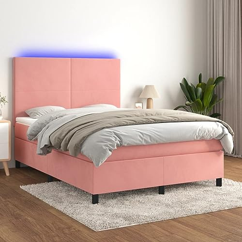 Ziaphsol Boxspringbett 140x200 cm, Rosa Samt, mit Matratze & LED-Beleuchtung, verstellbares Kopfteil, Taschenfederkern, für Schlafzimmer, modernes Möbelstück