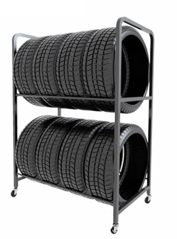 SBCGFY Reifenregal, Rollbares, Verstellbares Metall-Reifenregal Mit Haken, Garagenregal Für Den Innen- Und Außenbereich, Schwarz – 110 X 501 X 28 cm