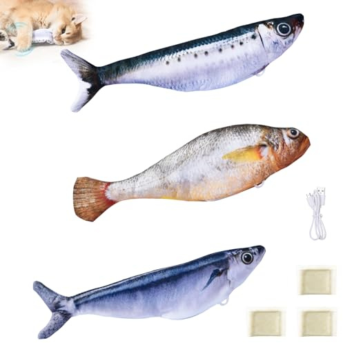 Iriisy Juguetes Peces para Gatos, 3 Piezas - 18cm Interactivo Juguete Simulación de Felpa Peces Realistas con Hierba Gatera, Activados por Toque, 3 Modos, Recargable por USB (Sardina/Paparda/Corvina)