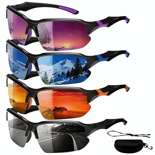 nnOuOnn 4Pack Sports Polarised Sunglasses for Men Women Cycling Running Driving Fishing Golf, Wrap Around Night Glasses Set with Strap and Case, Anti Glare & UV400