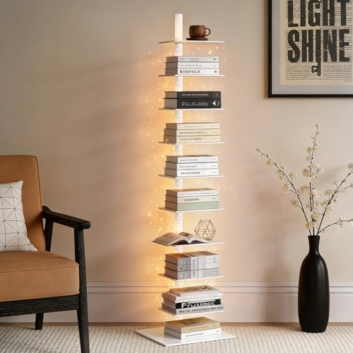 Metall Bücherregal mit Sternenhimmel LED-Leuchtung, Bücherturm Freistehend | 9 Ebenen Vertikaler Bücherregale, 360° Drehbares Regal Weiß Standregal zur Aufbewahrung von Büchern, CDs, Pflanze