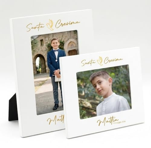 TINBOX Cornice Personalizzata Santa Cresima Oro con Foto Nome Data | Regalo Ragazzo Ragazza Confermazione | Colomba Elegante Tortora | Idea Regalo Cresima | Ricordo Cresima (Santa Cresima Gold)