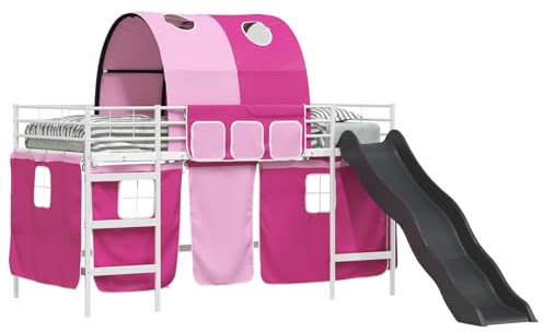 YNGBHFNOP Scivolo incluso Bianco Rosa Letto Loft 100x200 cm | Struttura letto loft per bambini Bianco Rosa 100x200 cm con scivolo e tende rete ventilate