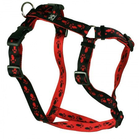Feltmann Brustgeschirr Soft Nylonband, Schwarz, Rote Pfötchen, 30-50cm, 15mm