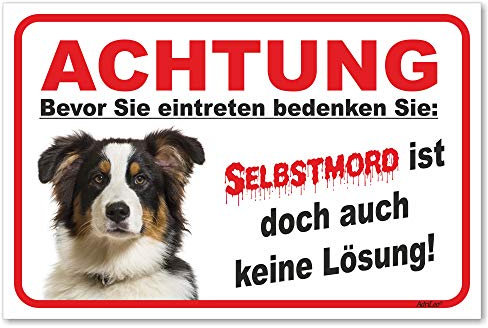 AdriLeo Schild - Vorsicht Australian Shepherd Tri-Color - Selbstmord - (20x30cm) / Aussie Achtung Hund Wachhund robust langlebig UV-beständig wetterfestes Warnschild