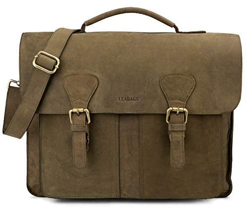 LEABAGS Leder Aktentasche Herren & Damen I Echtleder Laptoptasche bis 15 Zoll I Umhängetasche mit Schultergurt I Schultertasche I Messenger Bag I Arbeitstasche I Lehrertasche I Nature Grün