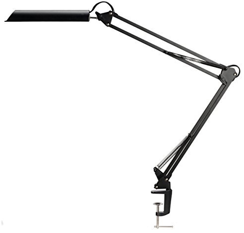 Unilux Swingo LED Home Office Desk Lamp, 3 Position Tactile Dimmer Switch, Double Articulated with Spring Balance, Clamp + Base, Black