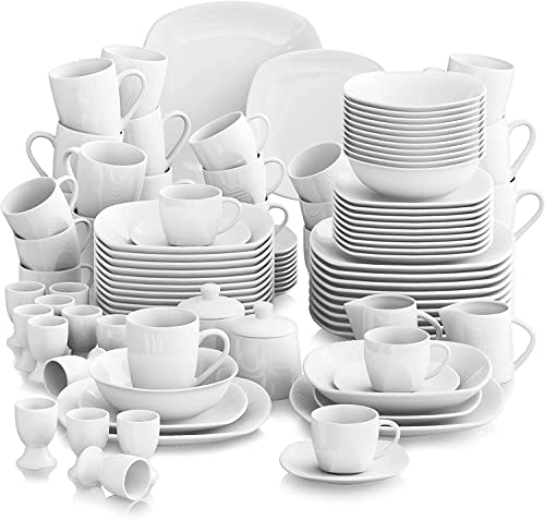 MALACASA Ensemble de 100 Pièces en Porcelaine - Assiettes Plates, Creuses, Bols à Céréales, Tasses, Soucoupes, Coquetiers