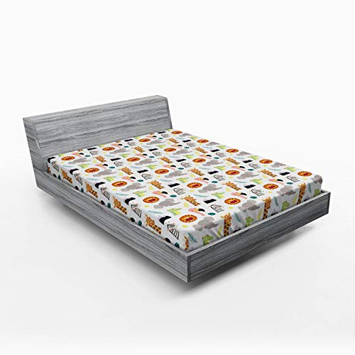 Lunarable Spannbettlaken mit Tierdruck, Cartoon-Muster von Zebra-Giraffe, Flamingo, Gator-Löwe, Bettbezug mit rundum elastischer, tiefer Tasche für Komfort, Queen-Size-Größe, Grau-Senf