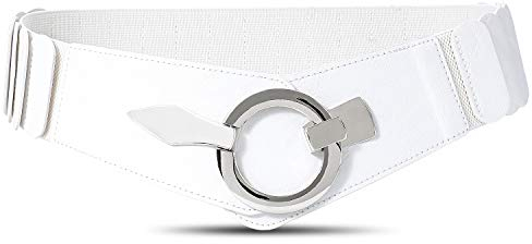 JasGood Damen Breiter Elastischer Taillengürtel, Mode Vintage Hüftgürtel mit Silberner Ring-Schließe, Weiß, M