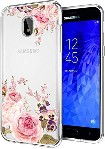 Yerebel Coque pour Galaxy J3 Star/J3 Achieve/J3 Orbit/J3 Aura/Sol 3, Transparent Étui de Protection en Antichoc avec Coins Renforcés, Clair Mince TPU pour Samsung Galaxy J3 2018 Fleur de Rose
