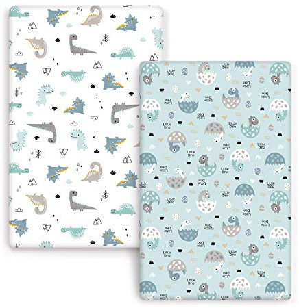 GRSSDER Juego de 2 sábanas bajeras elásticas de punto jersey ultra suaves, portátiles/minicunas para niños, ajuste universal para Pack N Play, seguro y cómodo, dinosaurios felices para bebé