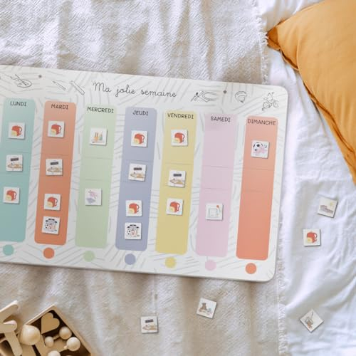L’atelier gigogne- Semainier enfant-Calendrier Éducatif Montessori 3-8ans-1 plateau magnétique-64 magnets-Routine-planificateur semaine- organisateur -Fabriqué en France-SEMA