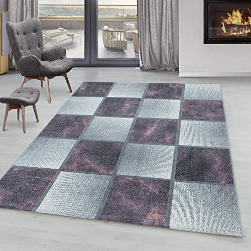 SIMPEX Tappeti a pelo corto, Disegno dei quadrati, Tappeto Viola, 80 x 250 cm, Tappeti in stile moderno, Tappeto soggiorno