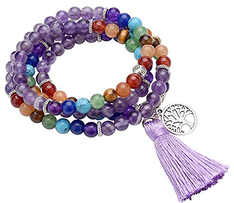 GEHECRST Schmuck 108 Perlen Edelstein Mala Kette Mala Armband 7 Chakra Edelstein Buddha Buddhistische Tibetische Gebetskette Healing Reiki Yoga Kette Halskette mit lebensbaum Anhänger