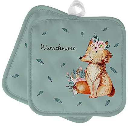 printplanet® - Topflappen mit Namen oder Text Bedrucken - Topf-Untersetzer 2er Set gestalten - Motiv: Wasserfarben Fuchs