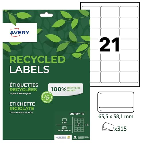 AVERY - Pochette de 315 étiquettes 100% recyclées autocollantes MonTimbrenligne. Personnalisables et imprimables. Format 63,5 x 38,1mm. Impression laser et jet d'encre. (LR7160-15)