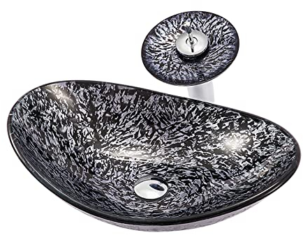 Ksunun Waschbecken Grau Gehärtetes Glas Aufsatzwaschbecken Oval Kunst Design Handwaschbecken mit Messing Wasserfall Wasserhahn und Wasserablauf, Montagering, Aufsatz Waschschale für Bad