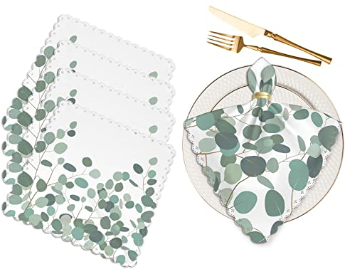 Yibeas Horizontale Eukalyptus-Stoffservietten 4er Set Weiche Blumenverzierung mit Silberdollar Eukalyptus Zweige Waschbar und Wiederverwendbar Dinner Servietten für Hochzeiten Partys
