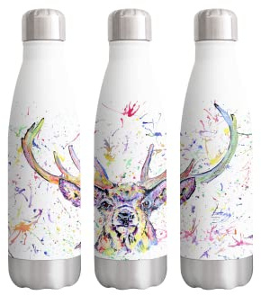 Stag Scottish Wildlife Watercolour Rainbow Art Bottle Double Wall Insulated Stainless Steel Sport Drinks 500ml White Gift Ideal for School Work Office Oudoor Sports Keeps Hot and Cold Drinks