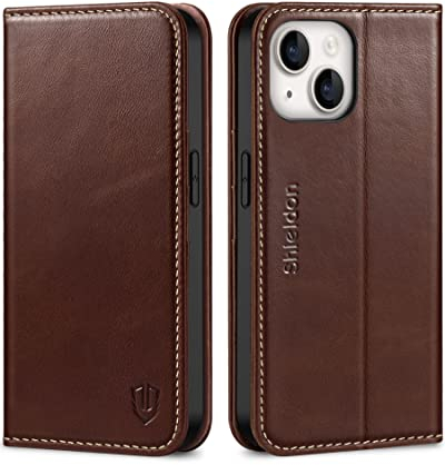 SHIELDON Hülle für iPhone 14 5G, Stoßfest Echt Lederhülle [Lifetime Garantie] [Kartenfach] [Magnet] [RFID-Sperre], TPU Klapphülle Schutzhülle Kameraschutz Kompatibel mit iPhone 14 6,1 - Retro Kaffee