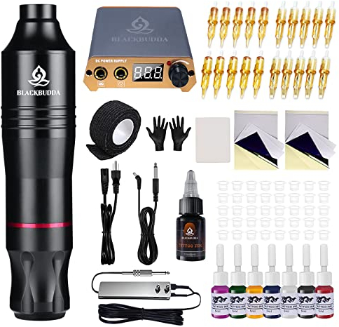 Tattoo Maschine set, Blackbudda Tattoo Pen mit Tattoo Power Supply Bunte Pigment Patrone Tattoo Maschine Kit für Anfänger Rotary Tattoo Maschine Kit Professional Complete, 20pcs Cartridge Nadeln