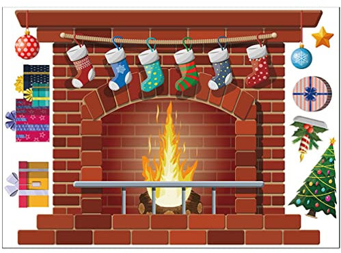 Tofficu Christmas Fireplace Wall Sticker: Christmas Tree Wall Decal, Peel and Stick Holiday Self Adhesive PVC Window Clings Xmas Tree Box Pattern Wallpaper