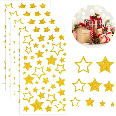 Sterne Sticker, 210 Stück, Glitzer Stern Aufkleber Selbstklebend zum Basteln, Sterne zum Aufkleben, für DIY Weihnachten Weihnachtskarten Deko Geschenk Handwerk (Gold)