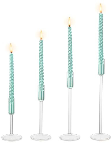 Hewory Candle Holders Glass Candlesticks: 4Pcs Clear Candle Sticks Holder for Tapered Candles Glass Candlestick Holder for Table Centrepieces Wedding Decoration Party Home Decor