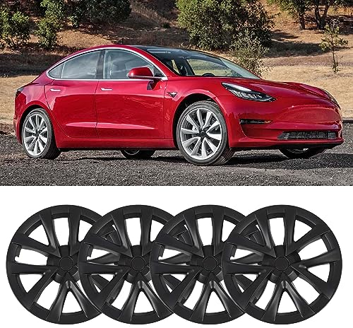4 Stück 18 Zoll Radkappen Radkappen für Model 3 2017 Bis 2023, 18 Zoll Robuste Vollschutz-Nabenkappen Räder Felgenabdeckung für Model S Plaid, Sportlicher Rennstil (Matt-schwarz)