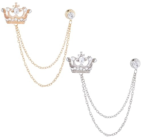 GORGECRAFT 2 Pcs Croix Couronne Longue Chaîne Broche Strass Gland Broche Cristal Couronne Suspendue Chaîne Broche Costume Broche Hommes Costume Collier Alliage Épinglettes Platine et D'Or