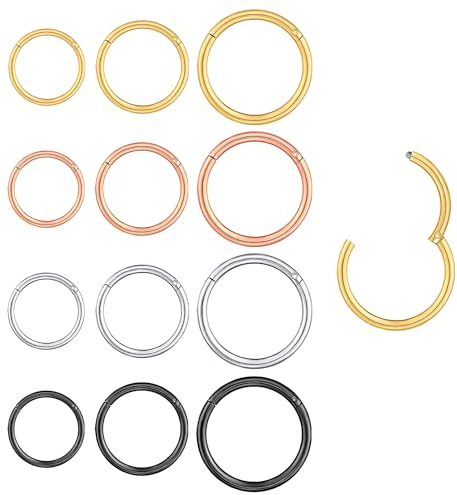NTGRTY 12 pièces Anneau de piercing de nez, Anneau de piercing de nez en acier inoxydable, Anneau de Septum pour femmes hommes Anneaux de nez Piercing Hoop argent, noir, or, or rose 6mm 8mm 10mm